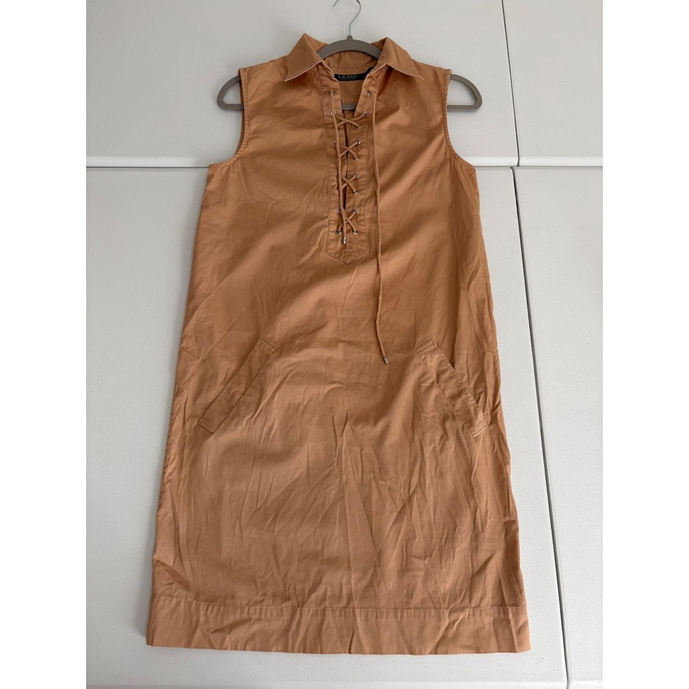 Lauren Ralph Lauren Lace Up Shift Dress Tan Camel Cotton Sleeveless XS a5